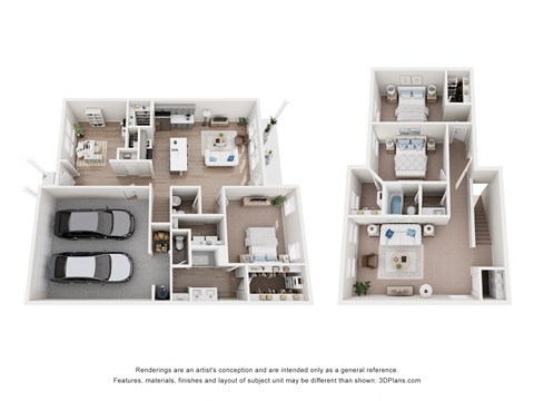 A floor plan of a two-story house with a garage and a living room on the first floor and a bedroom and bathroom on the second floor.